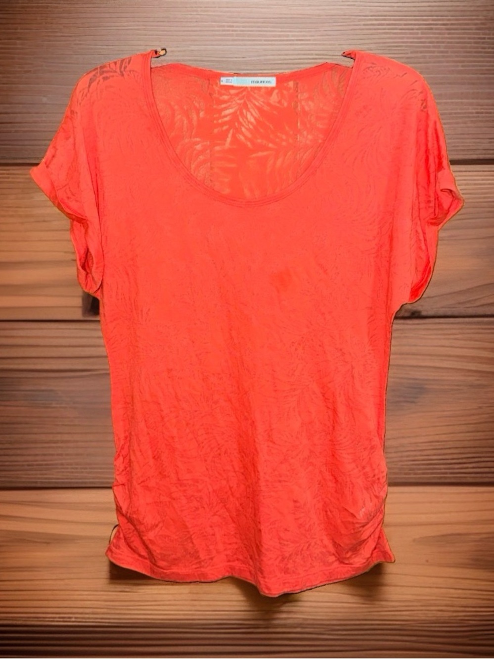 Maurices Semi-Sheer Bright Coral Scoop Neck Short Sl Tee w/Tropical Details-L-EC
